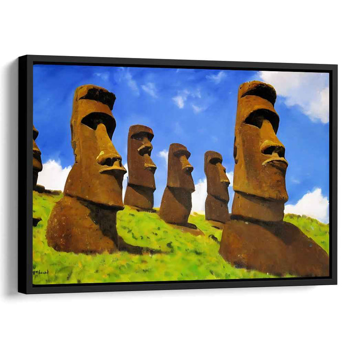 Ethereal Stone Guardians Dance Above: Majestic Moai Statues Under a Brilliant Sky