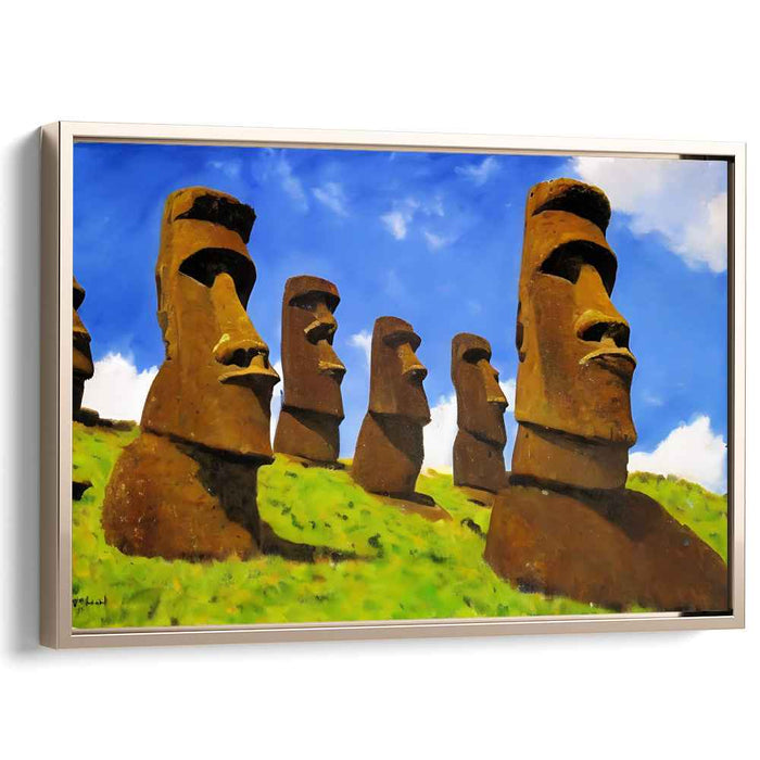 Ethereal Stone Guardians Dance Above: Majestic Moai Statues Under a Brilliant Sky