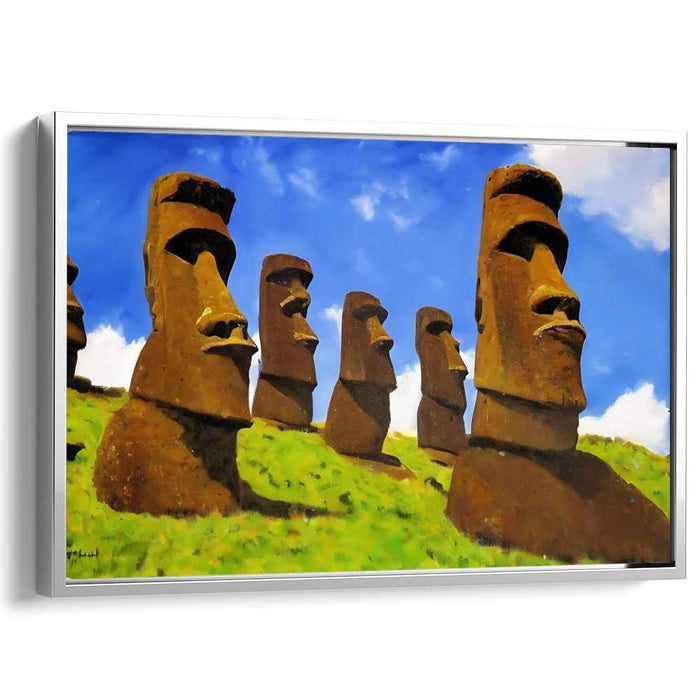 Ethereal Stone Guardians Dance Above: Majestic Moai Statues Under a Brilliant Sky
