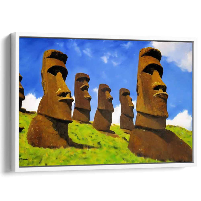 Ethereal Stone Guardians Dance Above: Majestic Moai Statues Under a Brilliant Sky