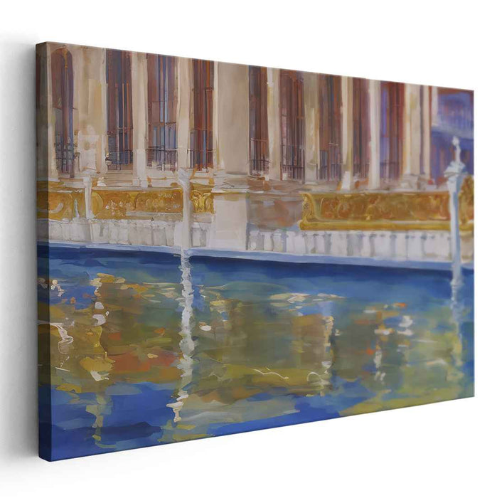 Silent Echoes in Marble Waves: Tranquil Waters and Majestic Architecture Canvas Art Print