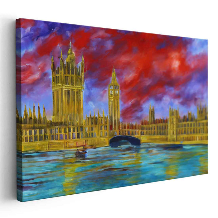 Fiery Skies Over Parliament: Expressionist London Landscape Canvas Art Print