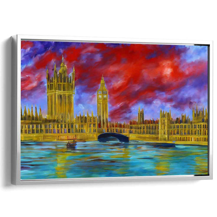 Fiery Skies Over Parliament: Expressionist London Landscape Canvas Art Print