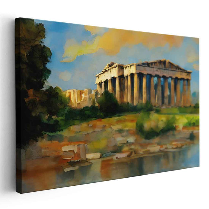 Golden Glow over Marble Ruins: Watercolor Depiction of Ancient Greek Temple at Sunset