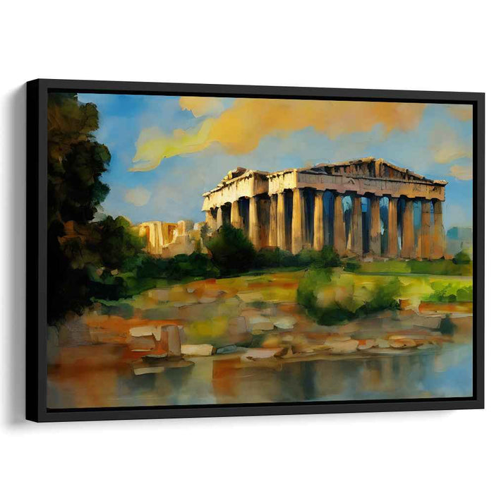 Golden Glow over Marble Ruins: Watercolor Depiction of Ancient Greek Temple at Sunset