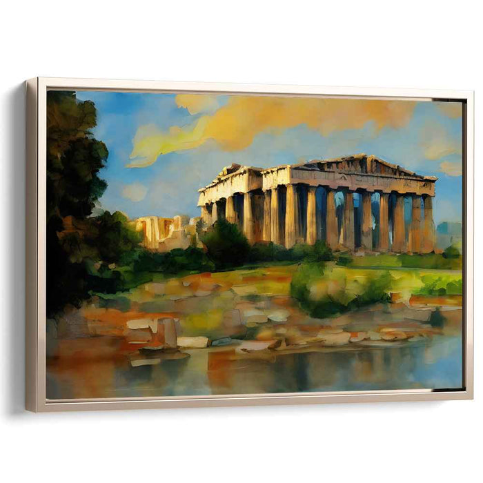 Golden Glow over Marble Ruins: Watercolor Depiction of Ancient Greek Temple at Sunset