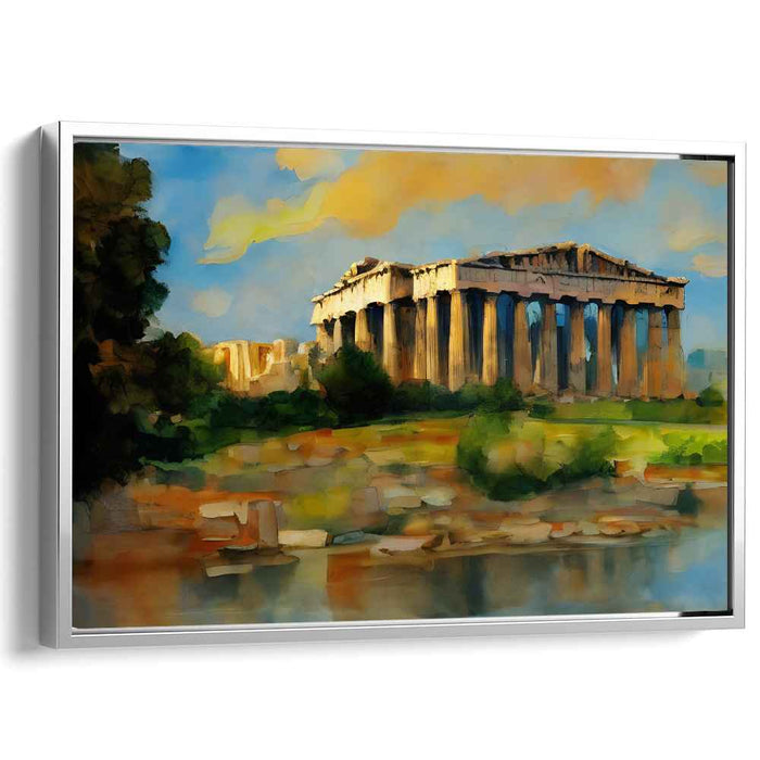 Golden Glow over Marble Ruins: Watercolor Depiction of Ancient Greek Temple at Sunset