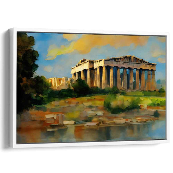 Golden Glow over Marble Ruins: Watercolor Depiction of Ancient Greek Temple at Sunset
