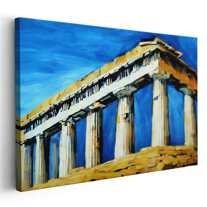 Temple Of Aegean Skies: Ancient Greek Temple in Vibrant Blue Sky Canvas Art Print