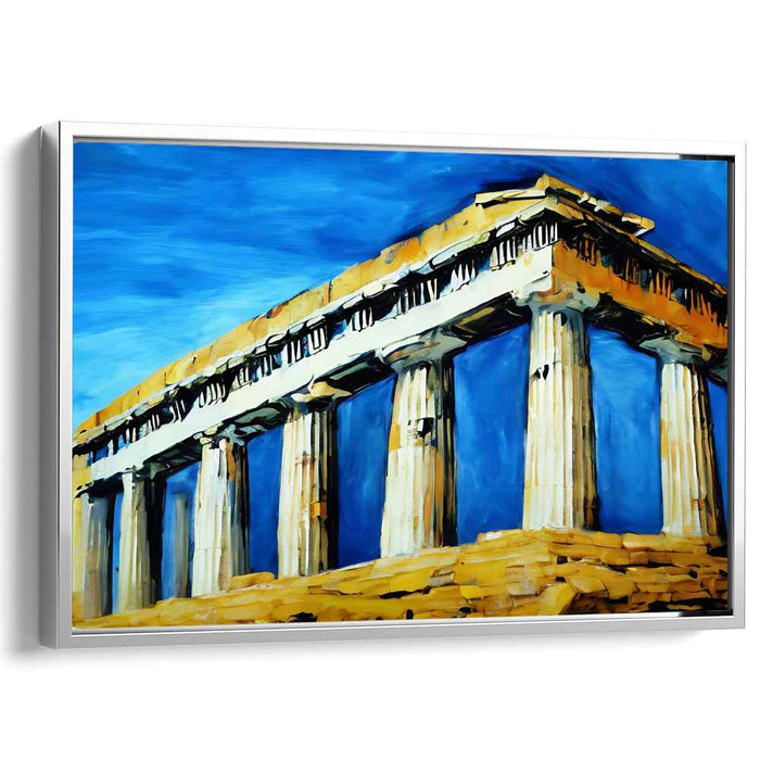 Temple Of Aegean Skies: Ancient Greek Temple in Vibrant Blue Sky Canvas Art Print