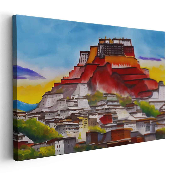 Mystical Sunrise at Potala Palace: Vibrant Watercolor Landscape