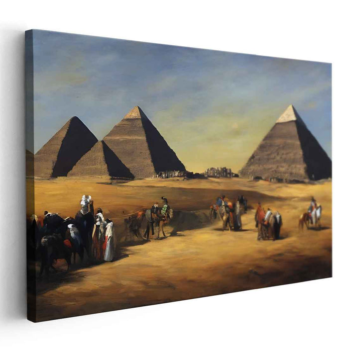Ancient Sands Discovery: Realistic Egyptian Pyramids and Travelers Canvas Art Print