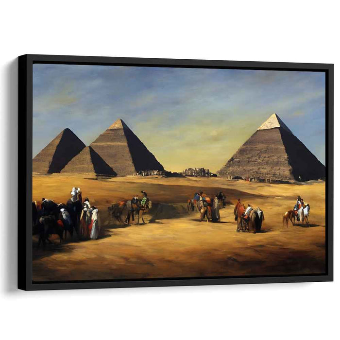 Ancient Sands Discovery: Realistic Egyptian Pyramids and Travelers Canvas Art Print