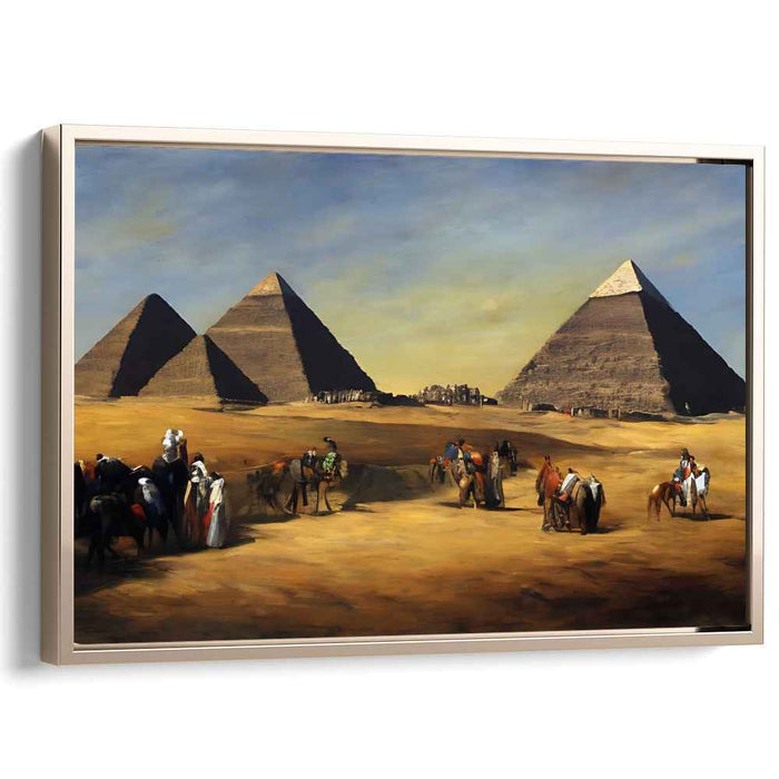Ancient Sands Discovery: Realistic Egyptian Pyramids and Travelers Canvas Art Print