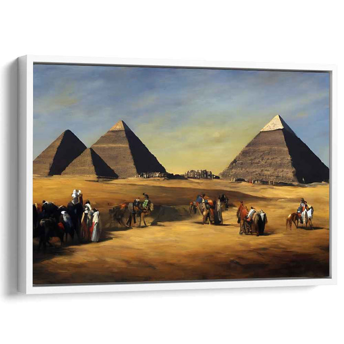Ancient Sands Discovery: Realistic Egyptian Pyramids and Travelers Canvas Art Print