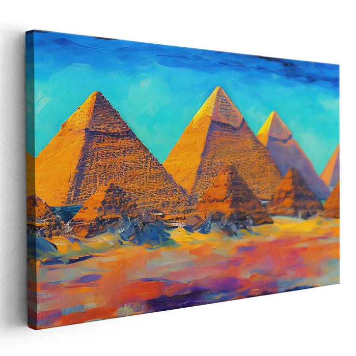 Sunset Mirage: Pyramid Symphony: Vibrant Pyramids at Sunset Canvas Art Print