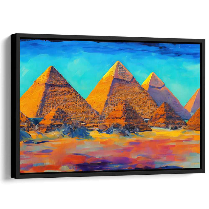 Sunset Mirage: Pyramid Symphony: Vibrant Pyramids at Sunset Canvas Art Print