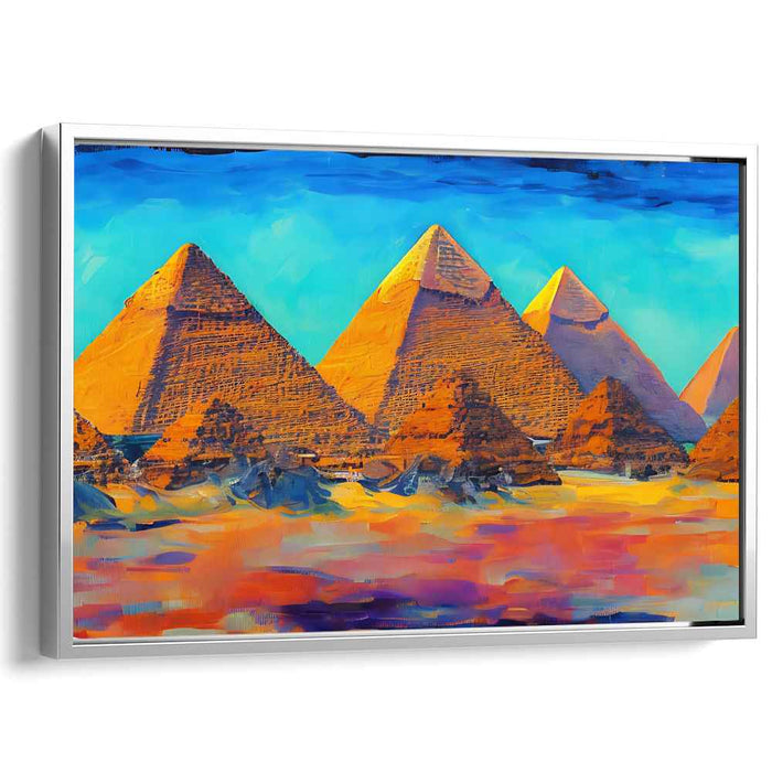 Sunset Mirage: Pyramid Symphony: Vibrant Pyramids at Sunset Canvas Art Print