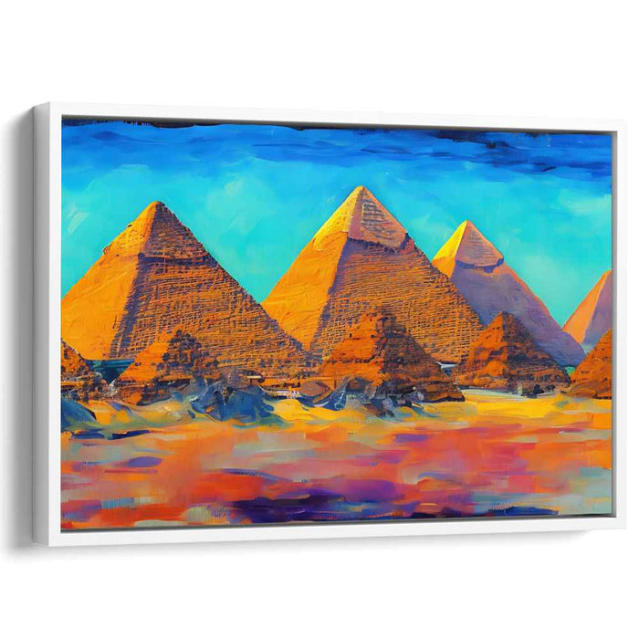 Sunset Mirage: Pyramid Symphony: Vibrant Pyramids at Sunset Canvas Art Print