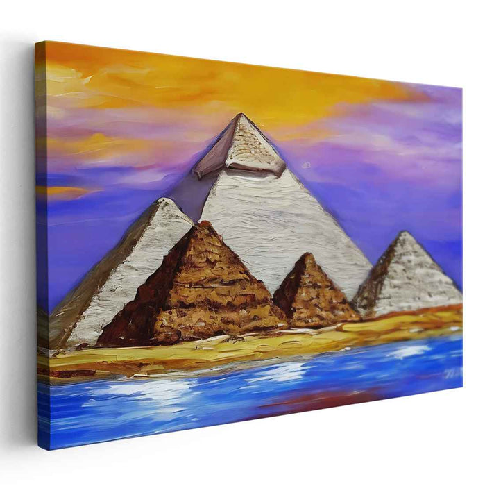 Sandswept Horizon Glow: Textured Pyramids at Sunset Canvas Art