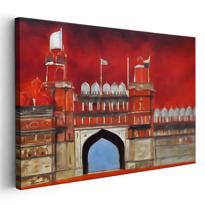 Crimson Citadel Blaze Horizon: Red Fort Against Fiery Skies Canvas Art Print