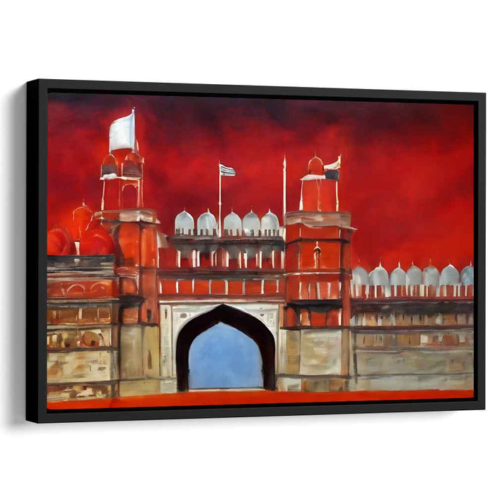 Crimson Citadel Blaze Horizon: Red Fort Against Fiery Skies Canvas Art Print