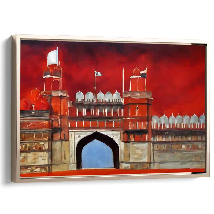 Crimson Citadel Blaze Horizon: Red Fort Against Fiery Skies Canvas Art Print
