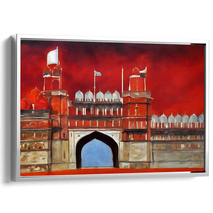 Crimson Citadel Blaze Horizon: Red Fort Against Fiery Skies Canvas Art Print