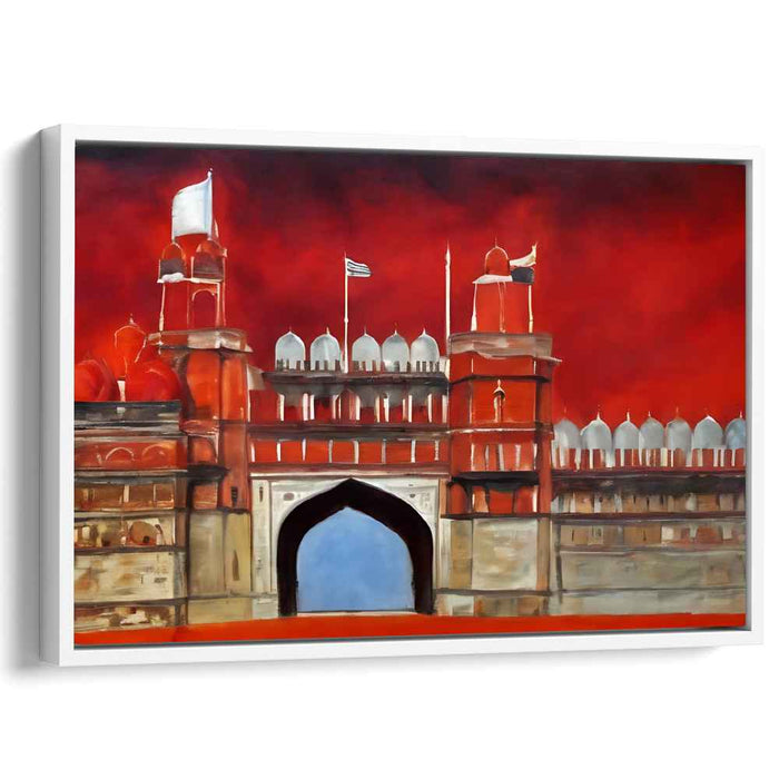 Crimson Citadel Blaze Horizon: Red Fort Against Fiery Skies Canvas Art Print