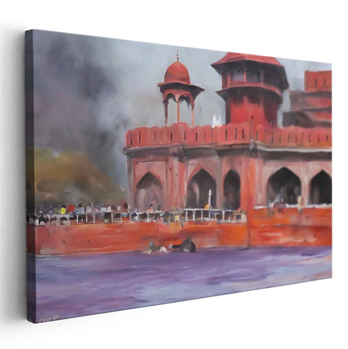 Crimson Citadel Waterside Print: Red Fort by the River Canvas Art Print