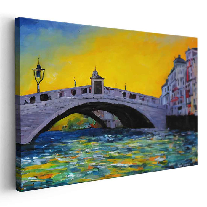 Colorful Reflections Dance Across Silence: Vibrant Bridge Over Tranquil Waters Canvas Art Print