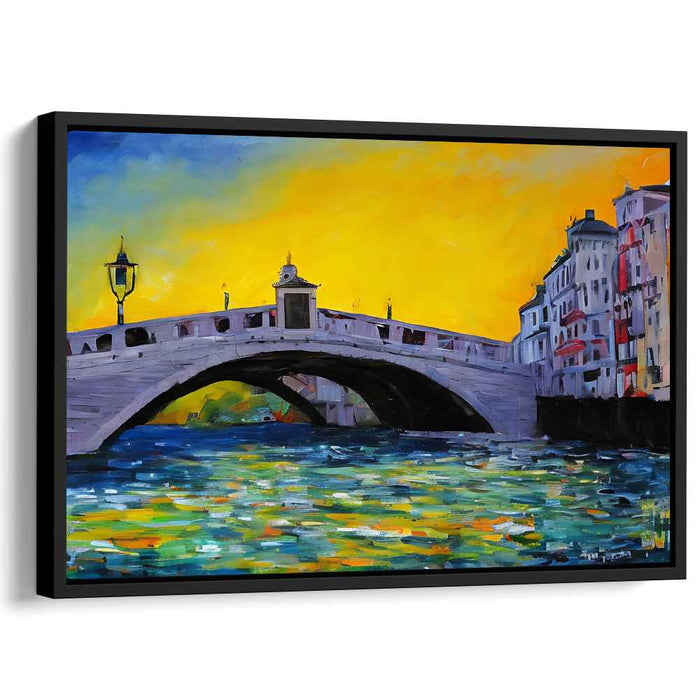 Colorful Reflections Dance Across Silence: Vibrant Bridge Over Tranquil Waters Canvas Art Print
