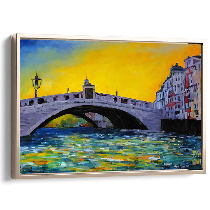 Colorful Reflections Dance Across Silence: Vibrant Bridge Over Tranquil Waters Canvas Art Print