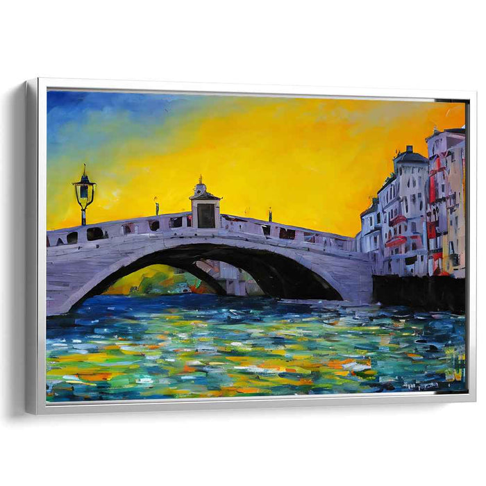 Colorful Reflections Dance Across Silence: Vibrant Bridge Over Tranquil Waters Canvas Art Print