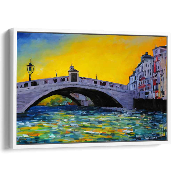 Colorful Reflections Dance Across Silence: Vibrant Bridge Over Tranquil Waters Canvas Art Print