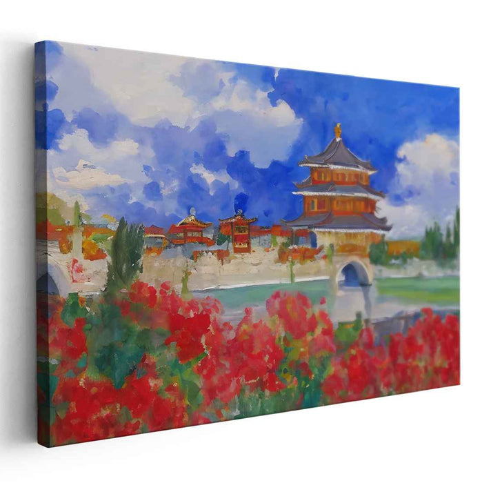 Regal Serenity: Vibrant East Asian Palace and Floral Landscape Canvas Art