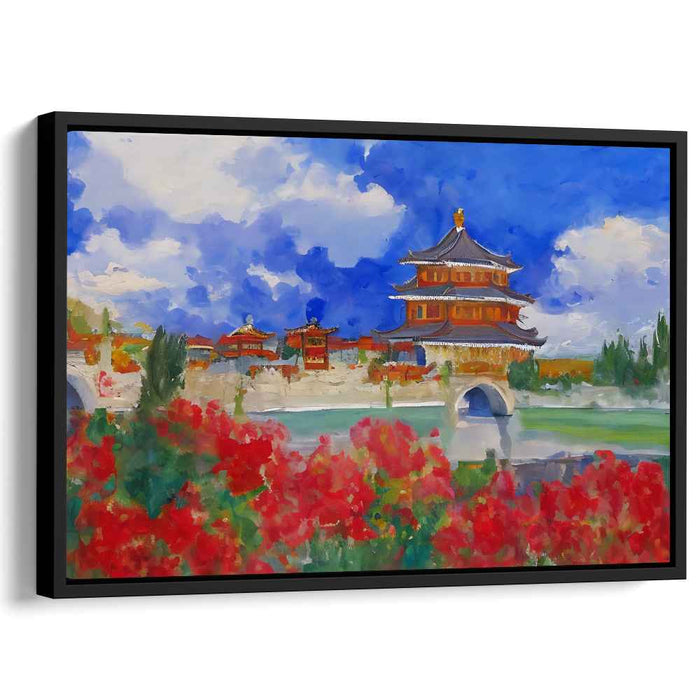 Regal Serenity: Vibrant East Asian Palace and Floral Landscape Canvas Art