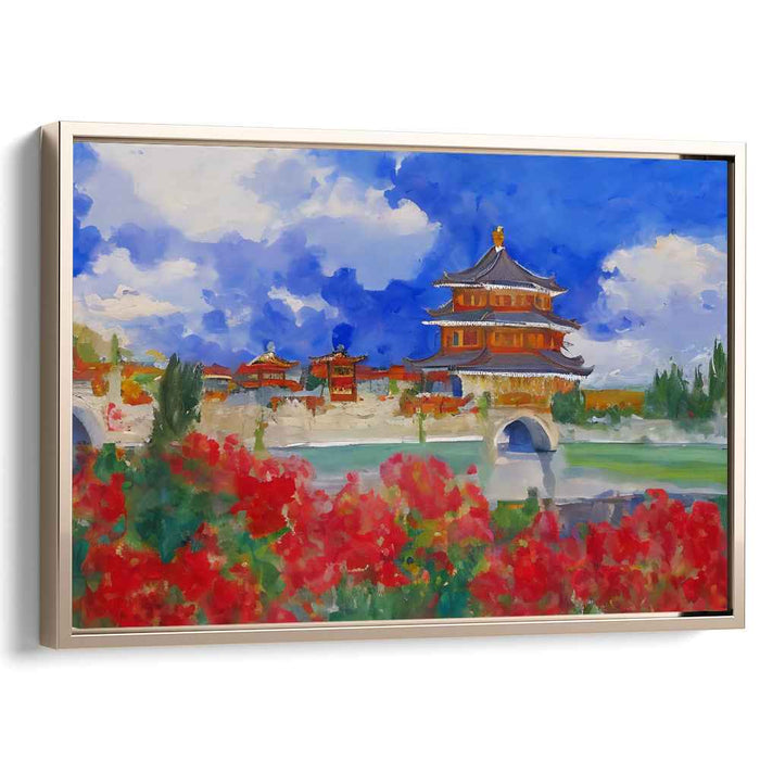 Regal Serenity: Vibrant East Asian Palace and Floral Landscape Canvas Art