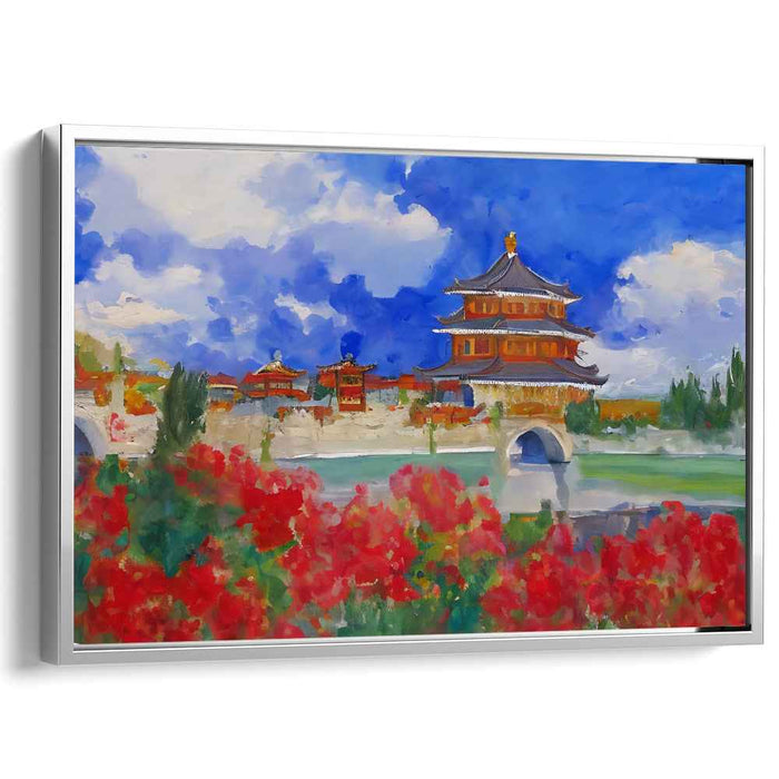 Regal Serenity: Vibrant East Asian Palace and Floral Landscape Canvas Art