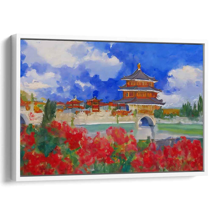 Regal Serenity: Vibrant East Asian Palace and Floral Landscape Canvas Art
