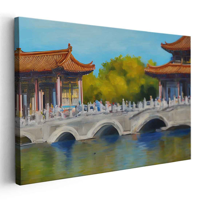 Serenity Over Water: Traditional Chinese Bridge and Pagodas Canvas Art Print