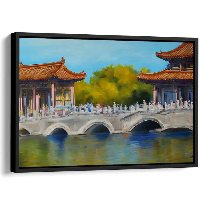 Serenity Over Water: Traditional Chinese Bridge and Pagodas Canvas Art Print