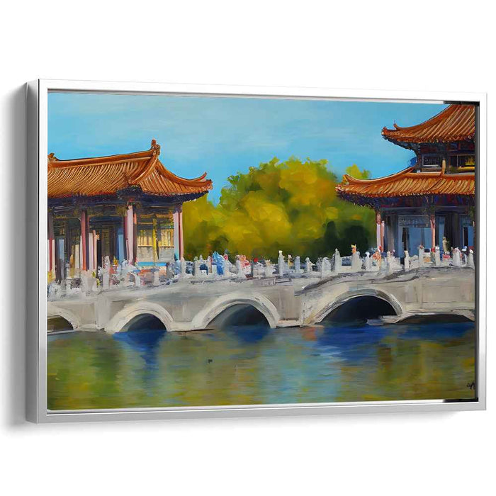 Serenity Over Water: Traditional Chinese Bridge and Pagodas Canvas Art Print