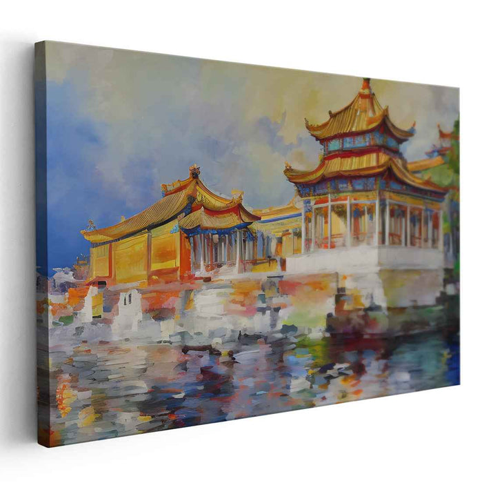Eastern Sunrise: Vibrant Watercolor Pagoda Scene Canvas Art