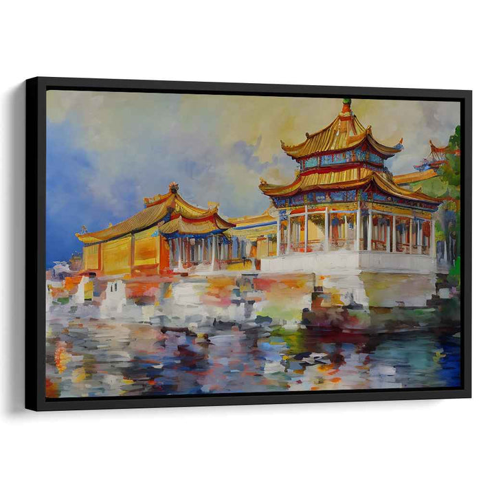 Eastern Sunrise: Vibrant Watercolor Pagoda Scene Canvas Art