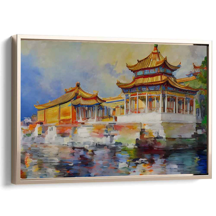 Eastern Sunrise: Vibrant Watercolor Pagoda Scene Canvas Art