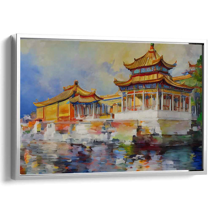 Eastern Sunrise: Vibrant Watercolor Pagoda Scene Canvas Art