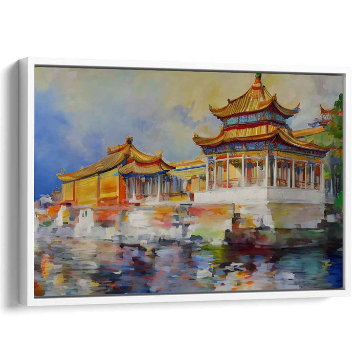 Eastern Sunrise: Vibrant Watercolor Pagoda Scene Canvas Art