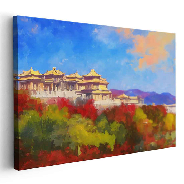 Ethereal Tranquil Templescape: Impressionist Temple Landscape Canvas Art Print