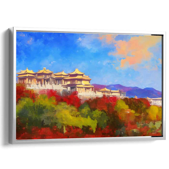 Ethereal Tranquil Templescape: Impressionist Temple Landscape Canvas Art Print